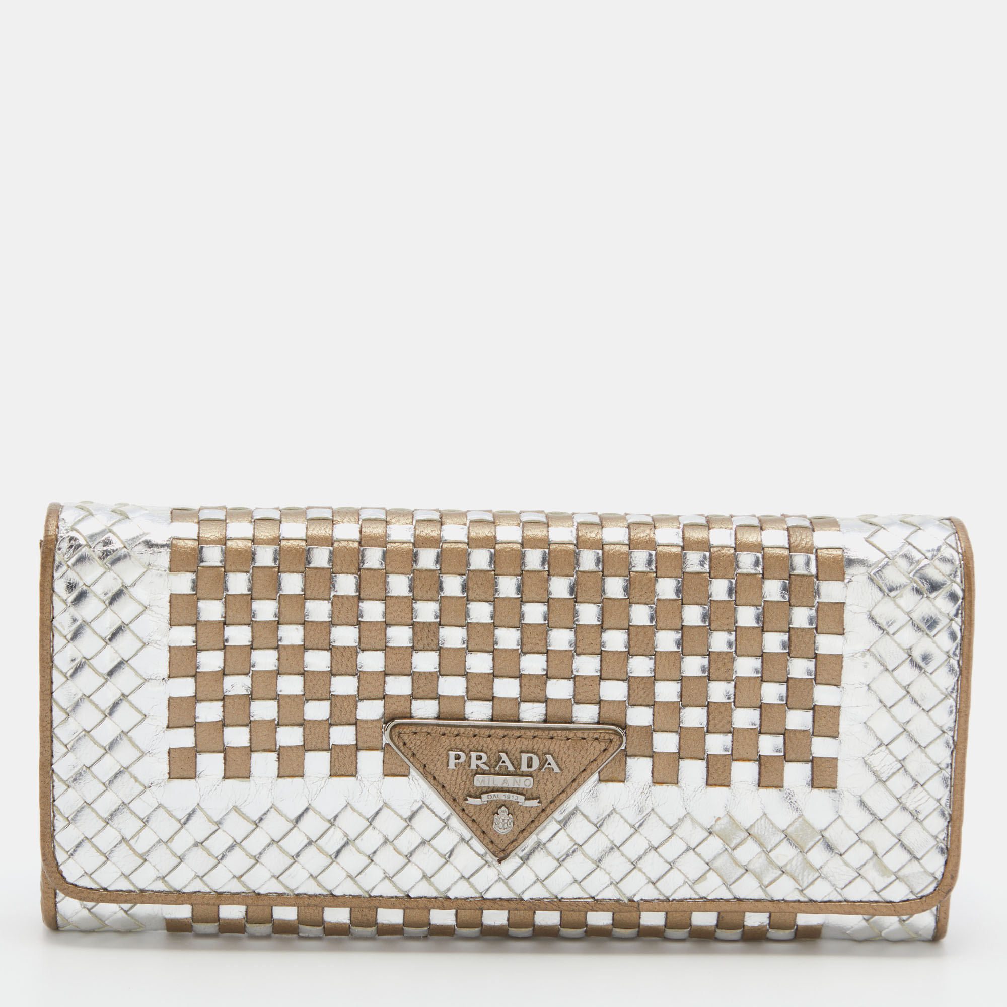 Prada Metallic Brown/Silver Woven Leather Flap Continental Wallet